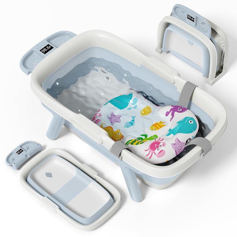 EverKiddo Collapsible Baby Bathtub, Large Infant Bath Tub with Thermometer & Cute Soft Cushion for Newborn to 36-Month Toddlers, Storage and Non-Slip Feet Design, Baby Bath Gift (Blue) - Image 1